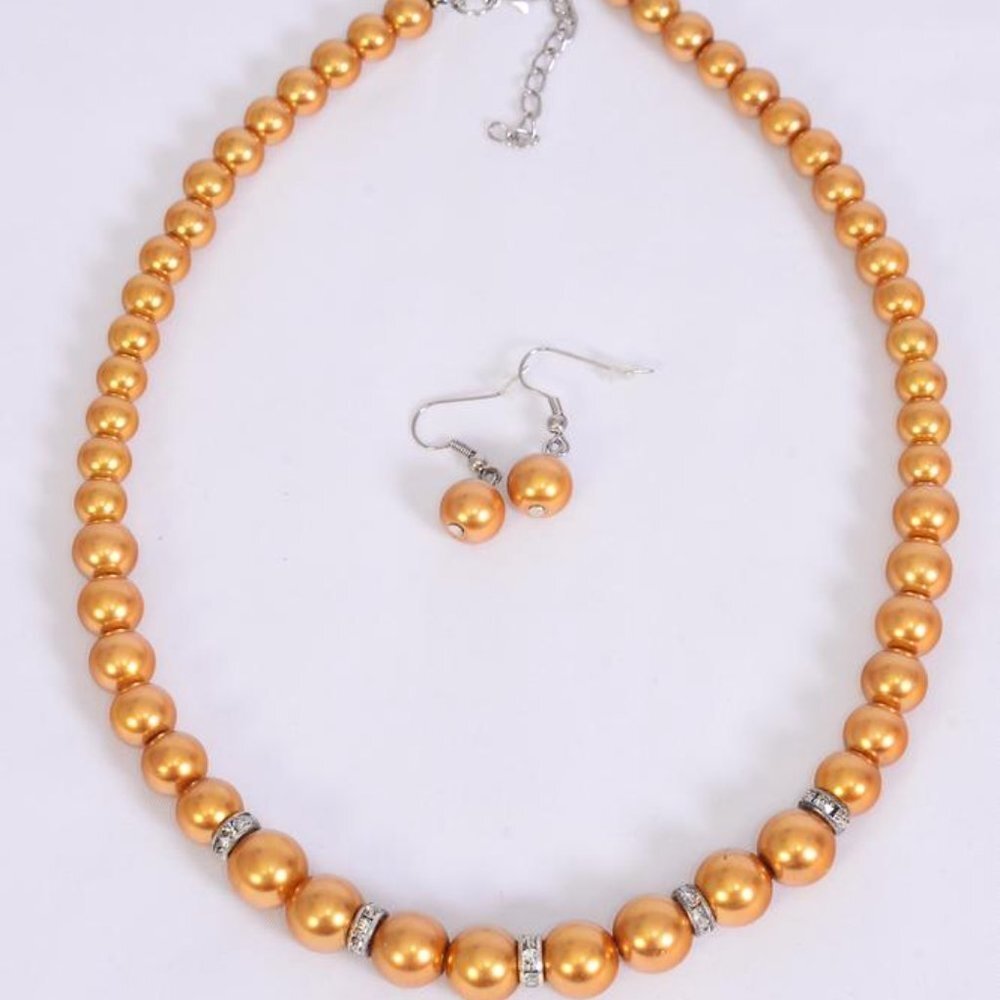 Orange Pearl & Crystal Necklace Set + Earrings